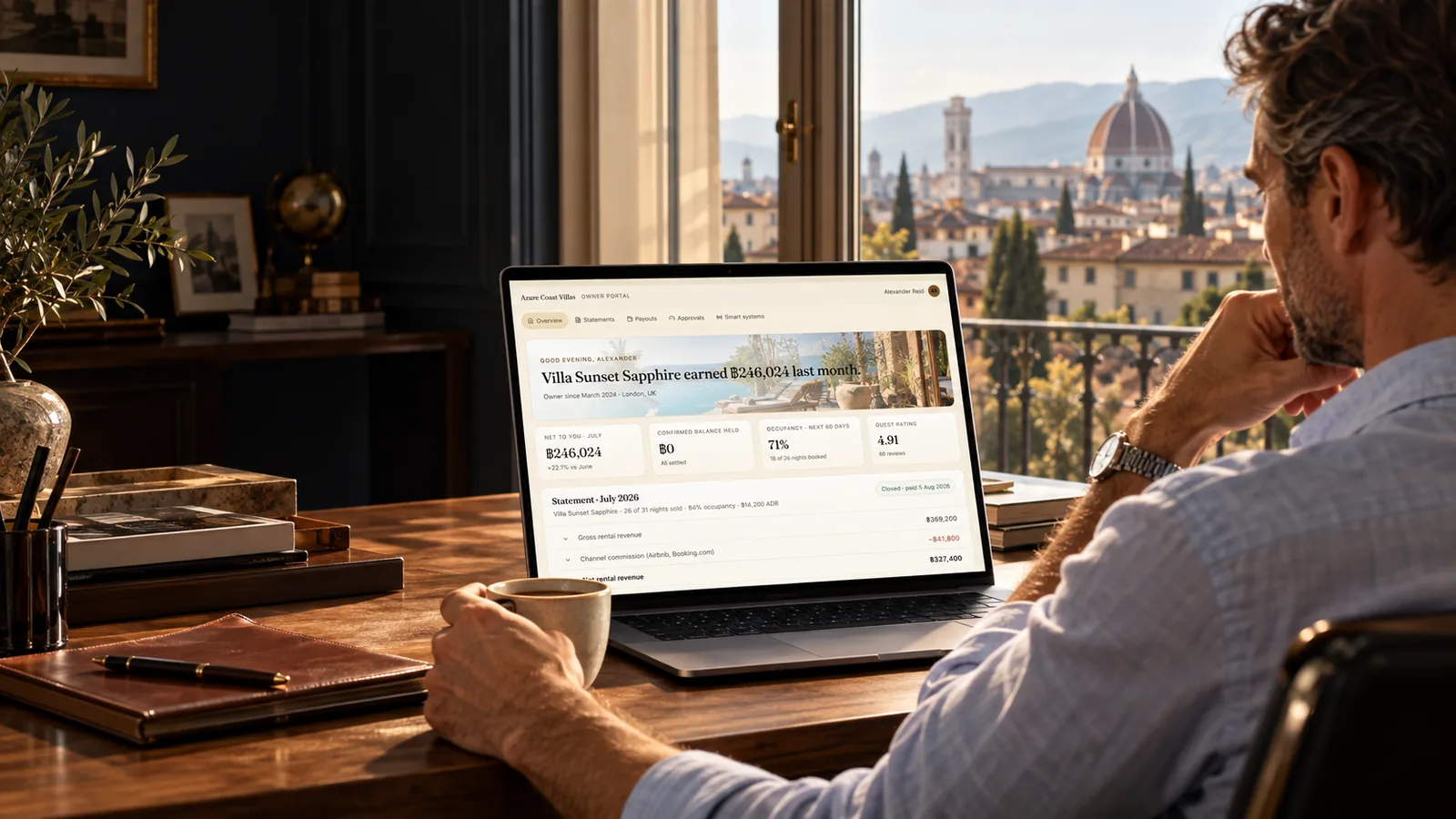 AI-staged illustration of a villa owner viewing a demonstration portal in a European office