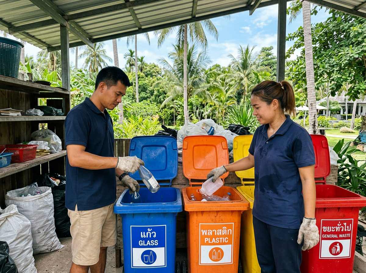 Mr Property Siam team sorting waste at a villa on Koh Samui — glass, plastic and general waste bins