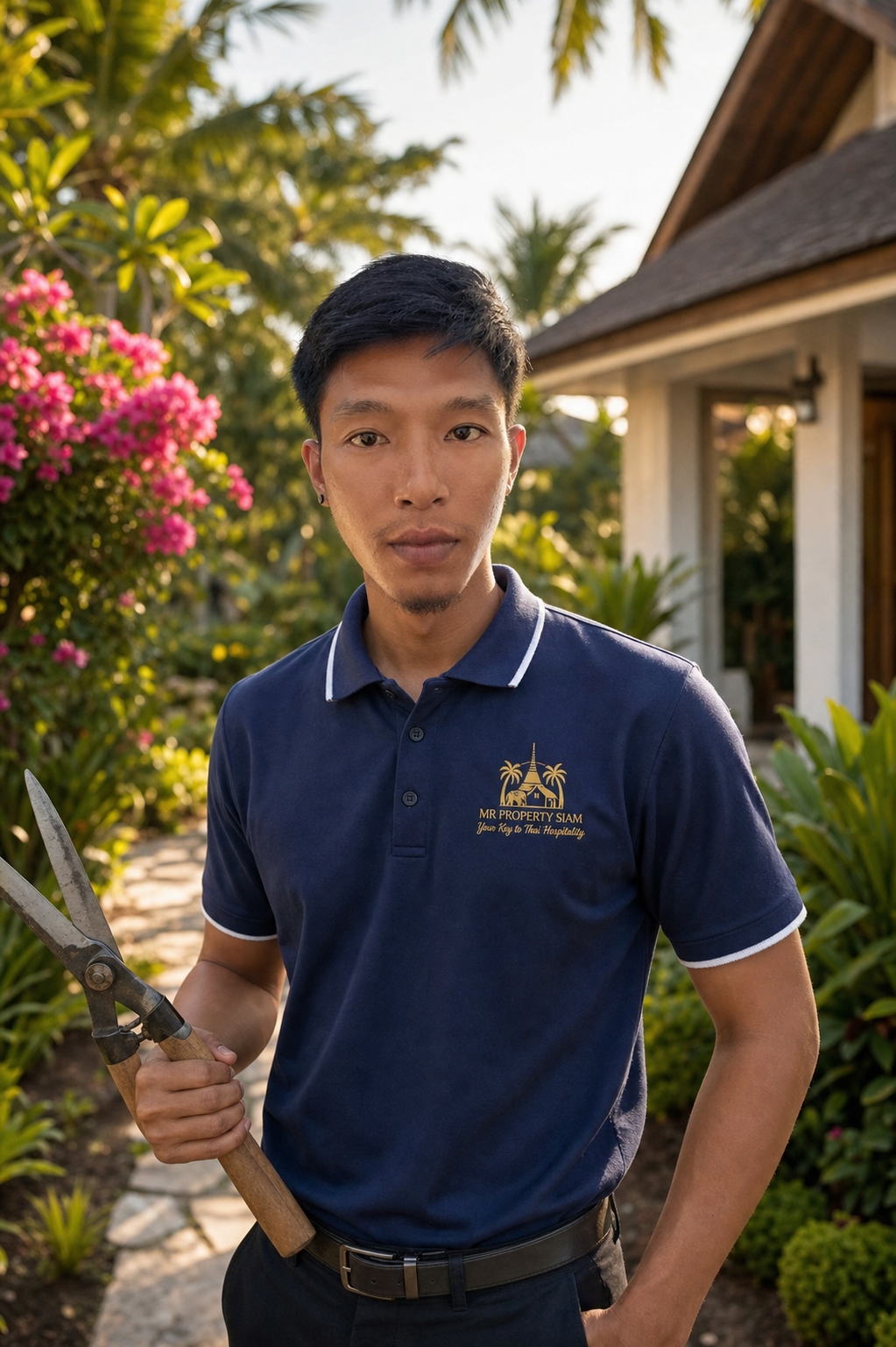 Naign, gardener at Mr Property Siam, tending villa landscaping on Koh Samui
