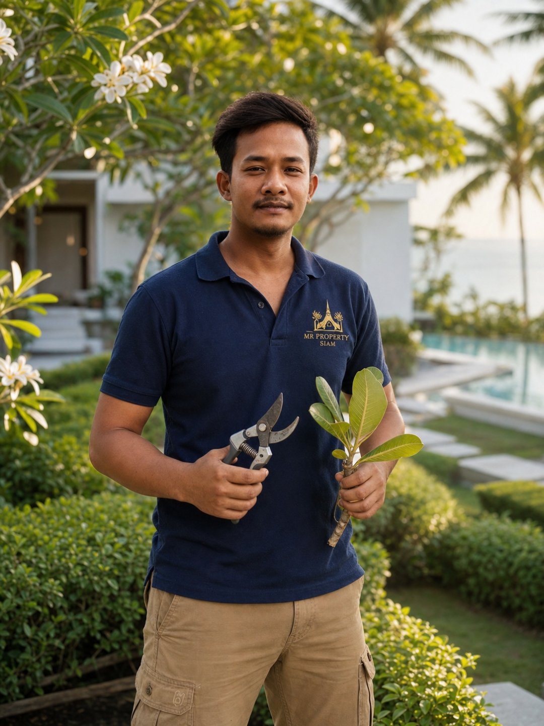 Nye, Mr Property Siam team member handling waste sorting between villas on Koh Samui
